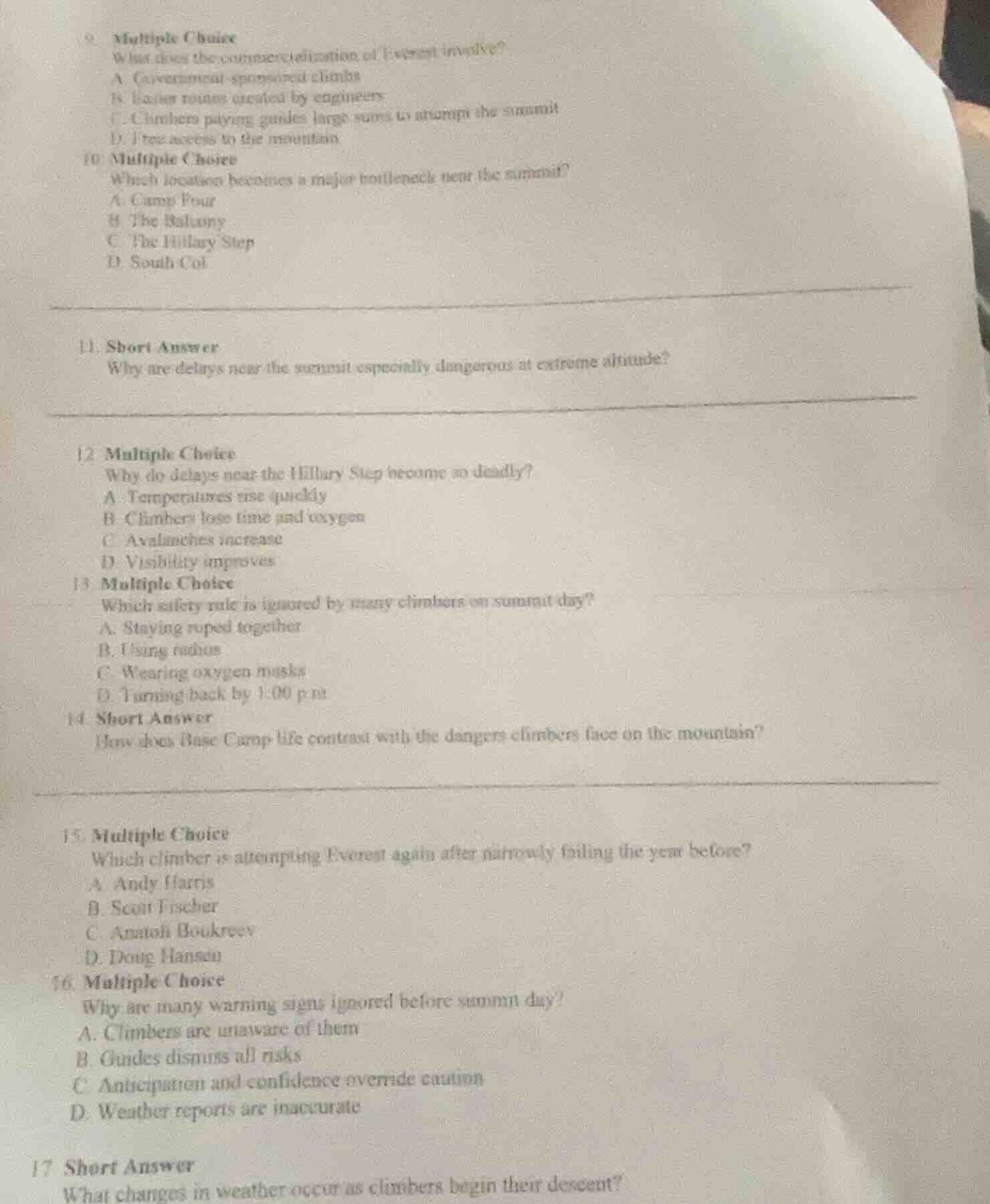 9 multiple choice what does the commercialization of everest involve? a…