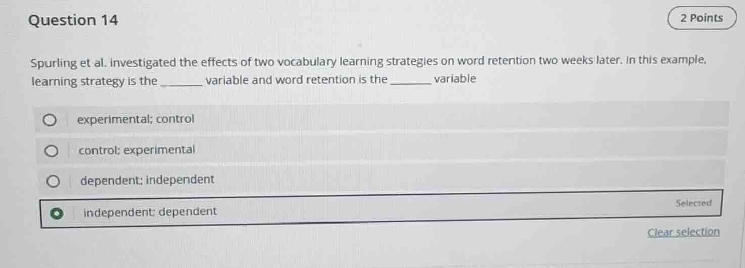question 14 2 points spurling et al. investigated the effects of two vo…