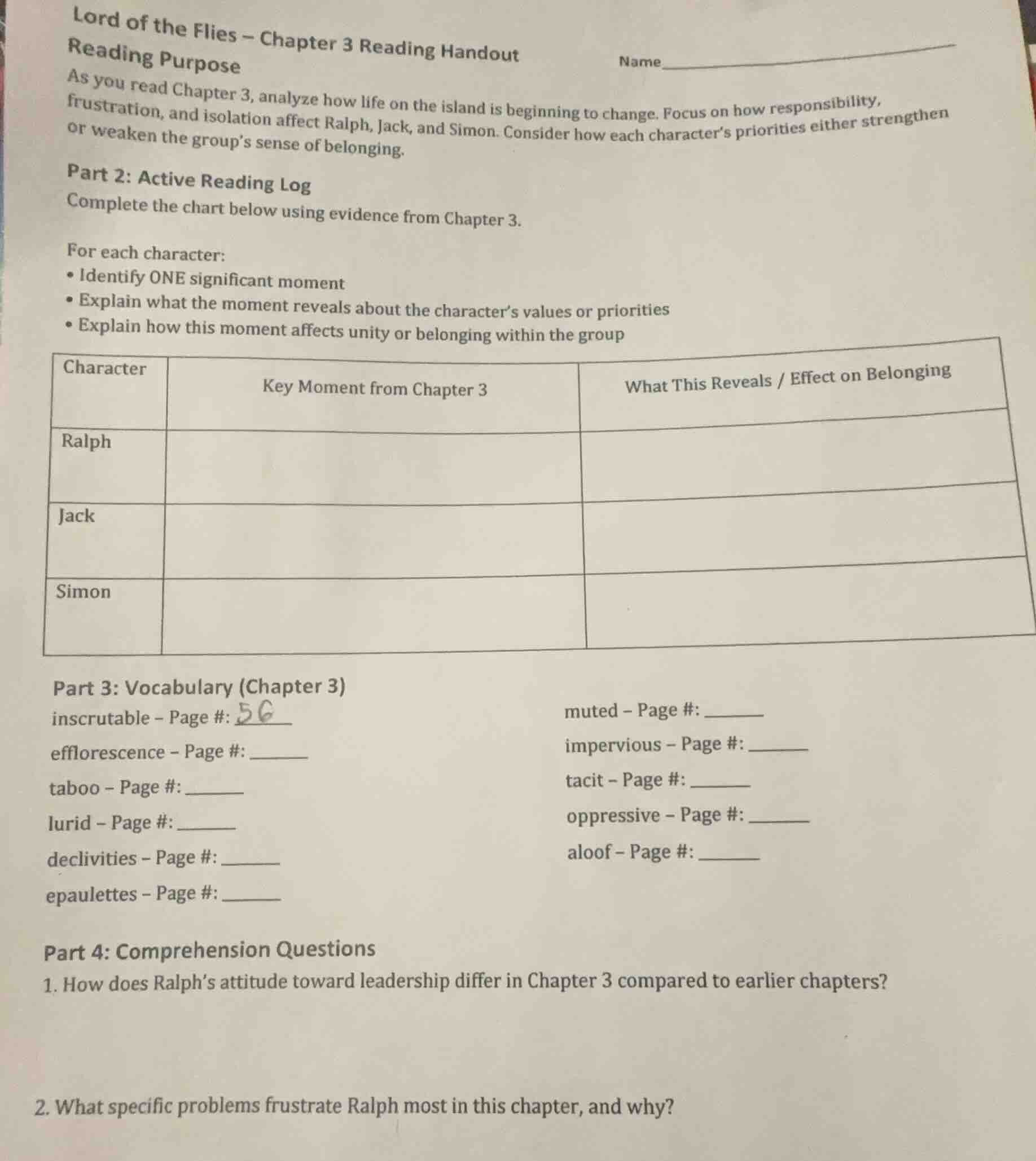 lord of the flies – chapter 3 reading handout reading purpose as you re…