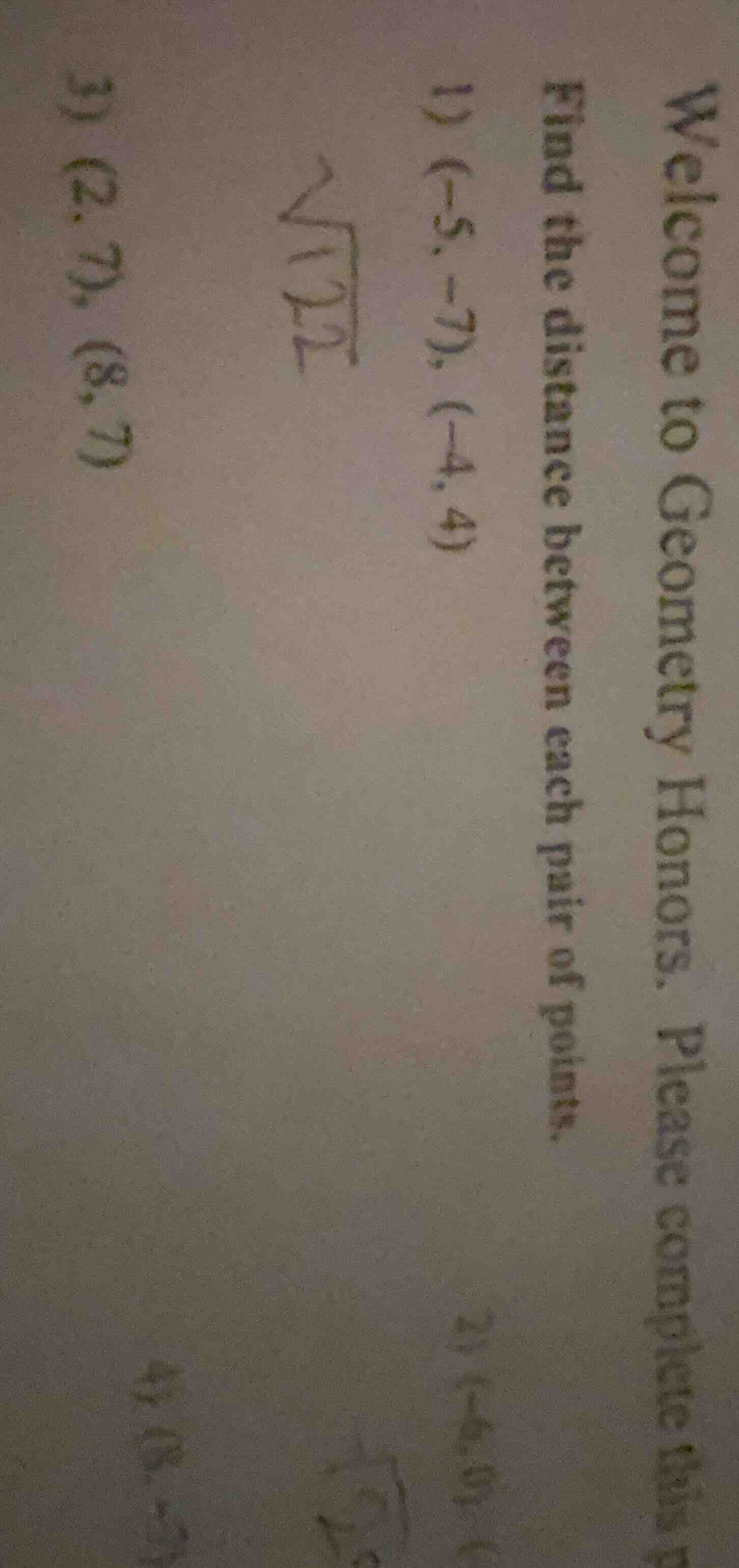 welcome to geometry honors. please complete this find the distance betw…