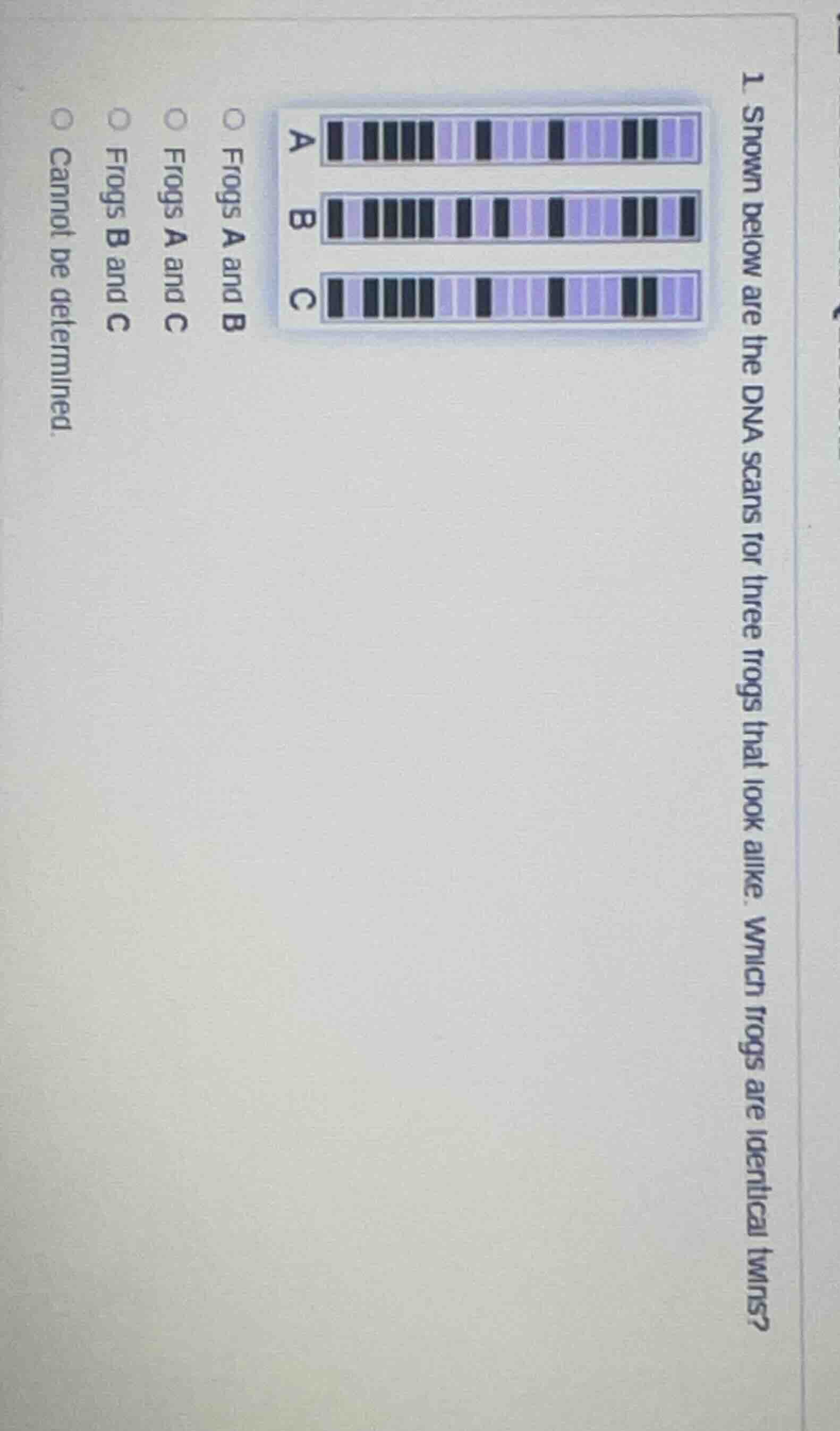 1. shown below are the dna scans for three frogs that look alike. which…
