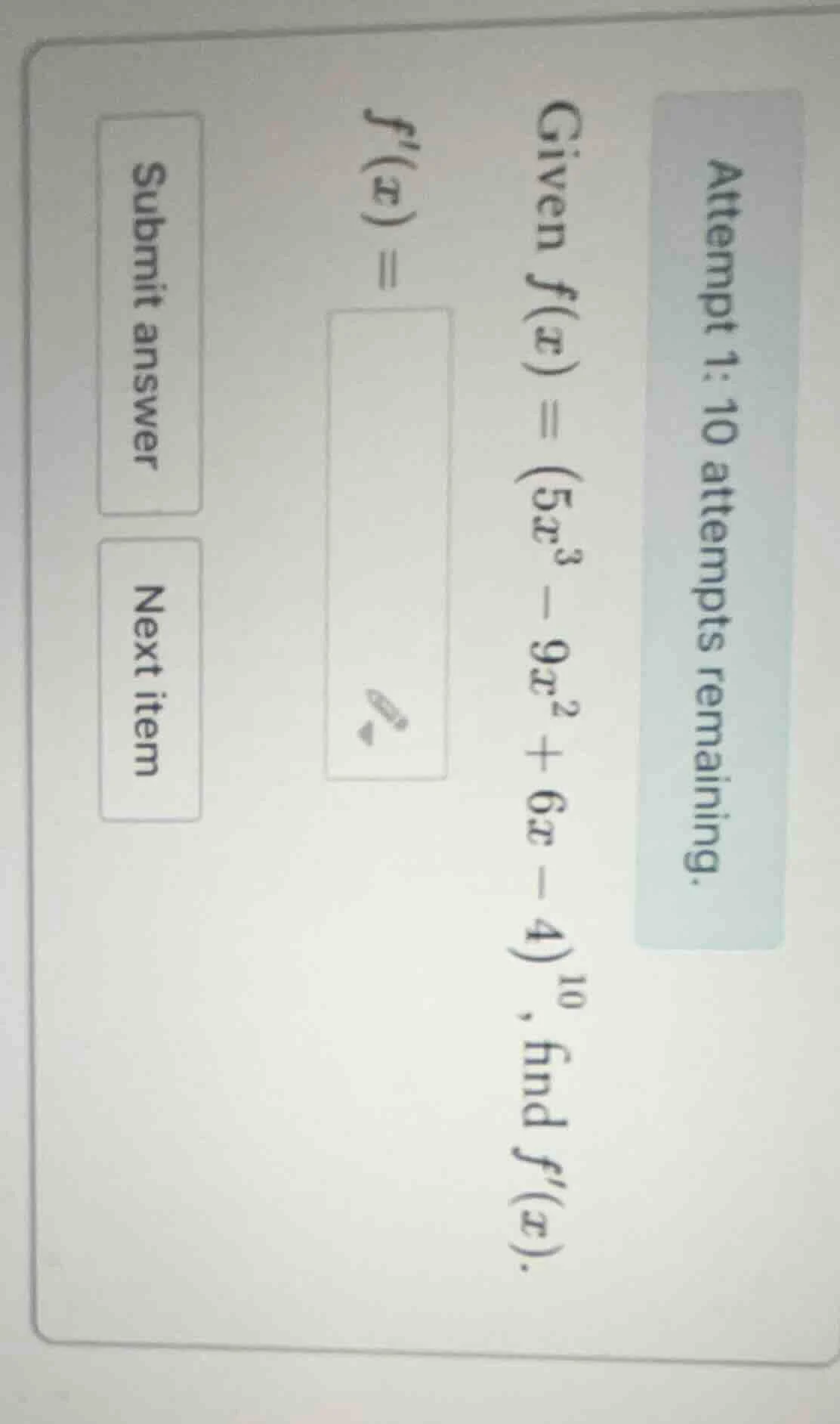 attempt 1: 10 attempts remaining. given ( f(x) = (5x^3 - 9x^2 + 6x - 4)…