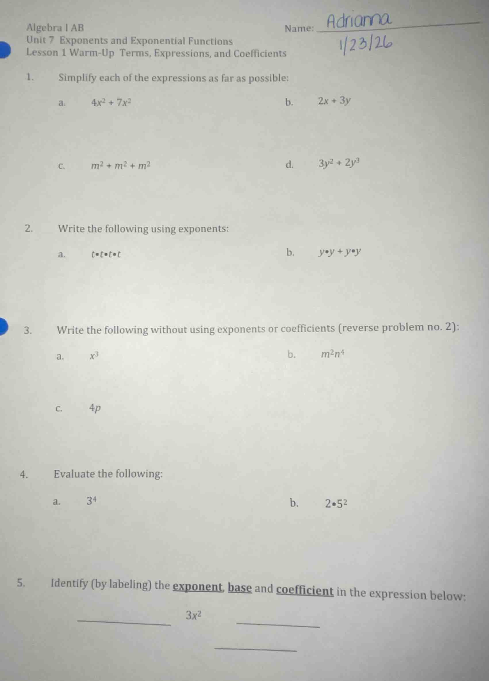 algebra 1 ab unit 7 exponents and exponential functions lesson 1 warm -…