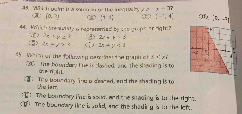 43. which point is a solution of the inequality ( y > -x + 3 )? a ( (0,…