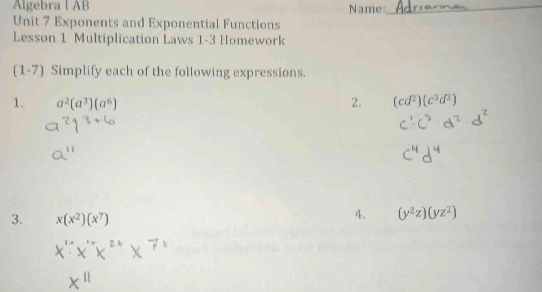 algebra 1 ab unit 7 exponents and exponential functions lesson 1 multip…
