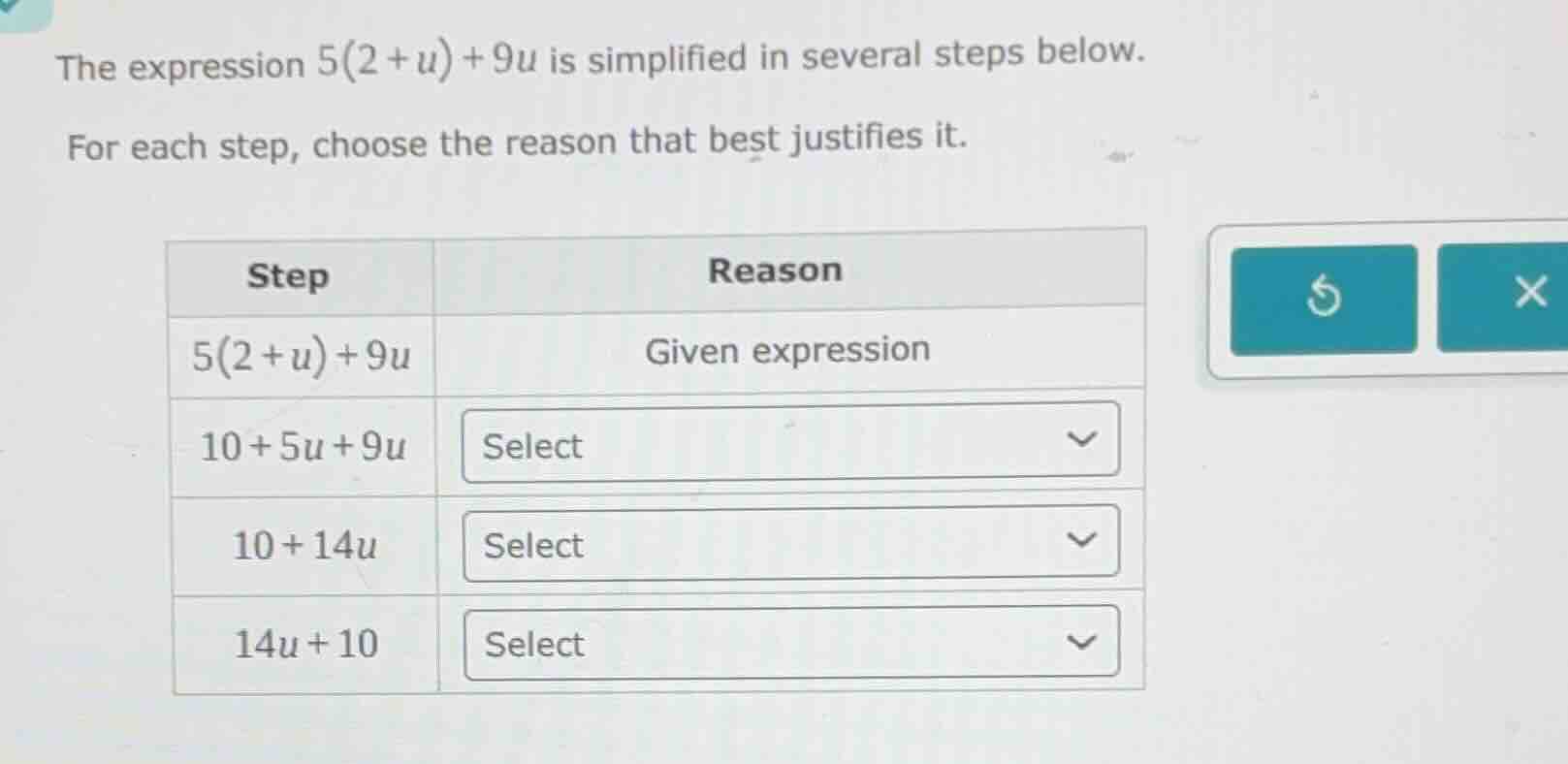 the expression $5(2 + u) + 9u$ is simplified in several steps below. fo…