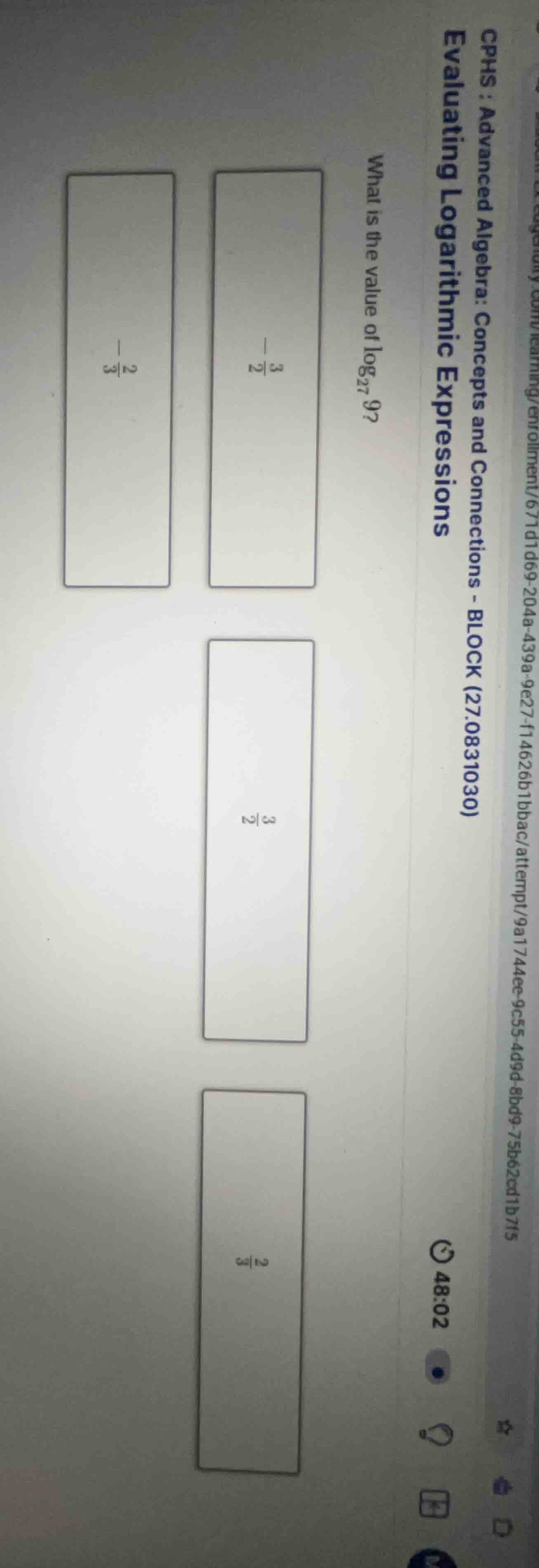 what is the value of \\(\\log_{27} 9\\)?