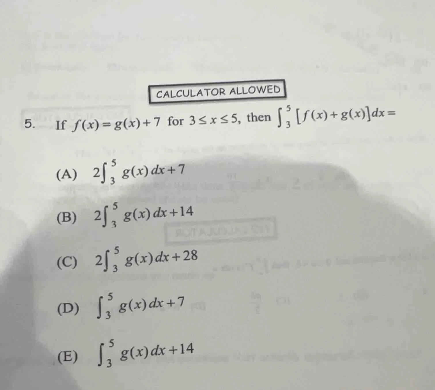 calculator allowed 5. if $f(x)=g(x)+7$ for $3 \\leq x \\leq 5$, then $\…