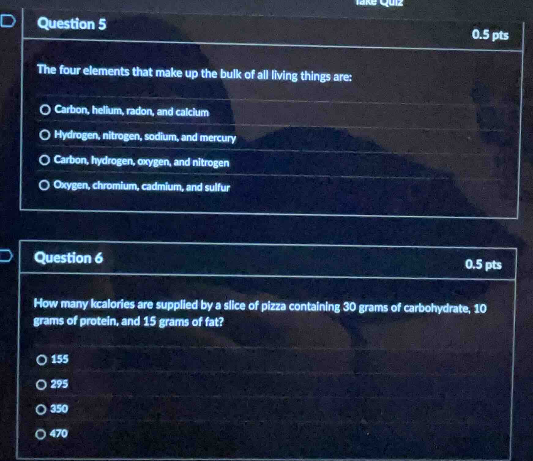 question 5 0.5 pts the four elements that make up the bulk of all livin…