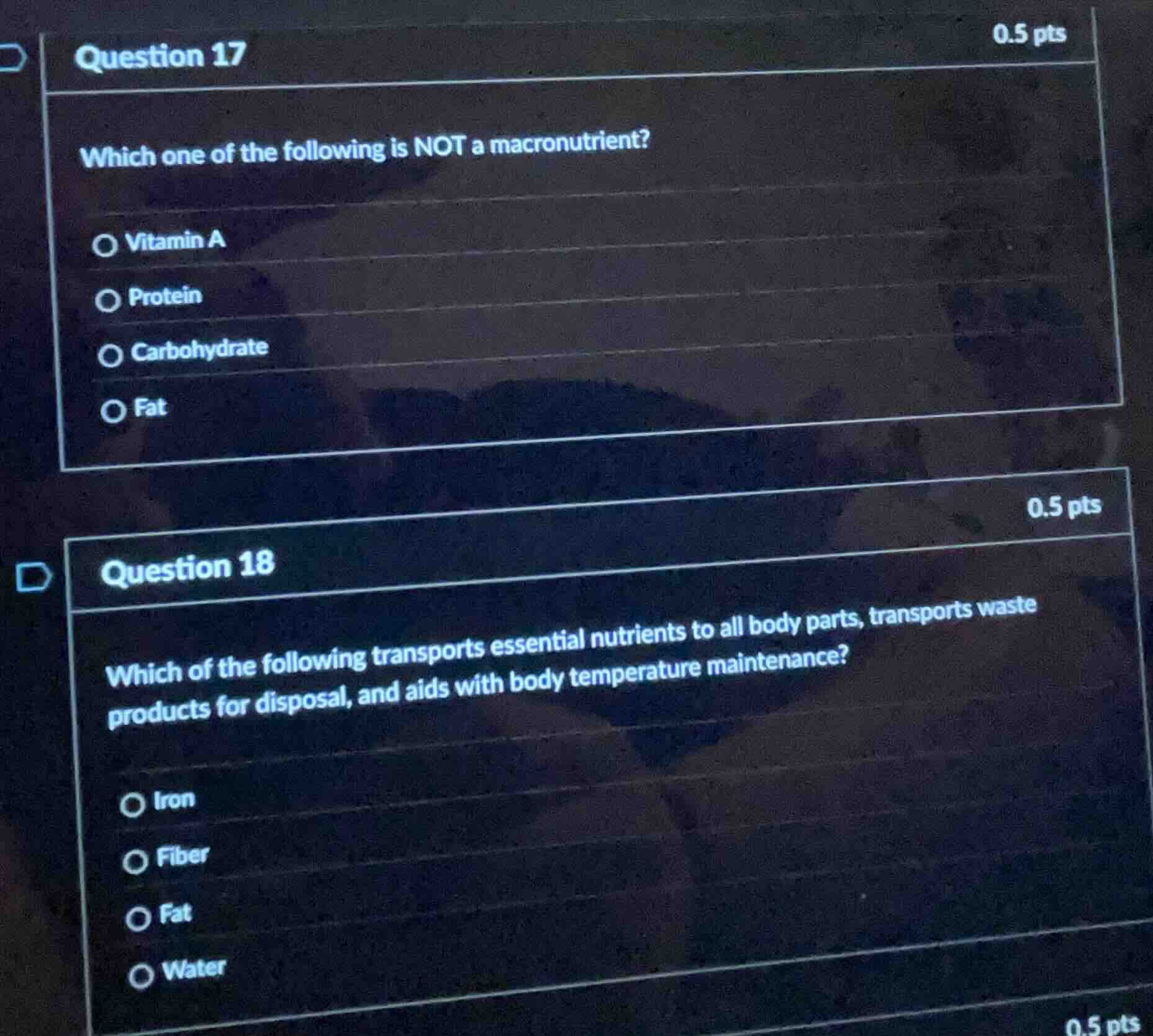 question 17 which one of the following is not a macronutrient? vitamin …