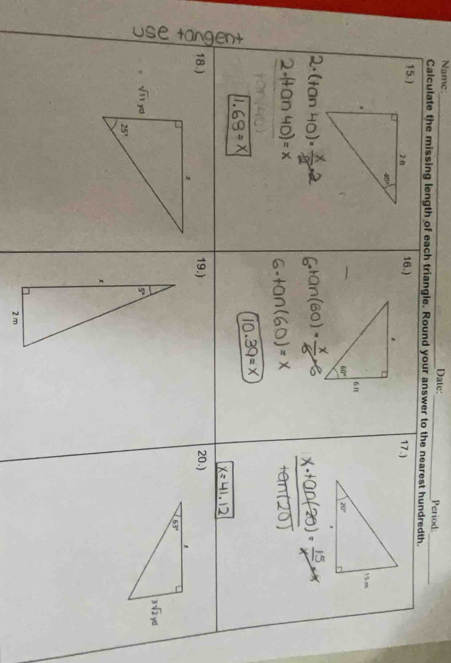 name: date: period: calculate the missing length of each triangle. roun…
