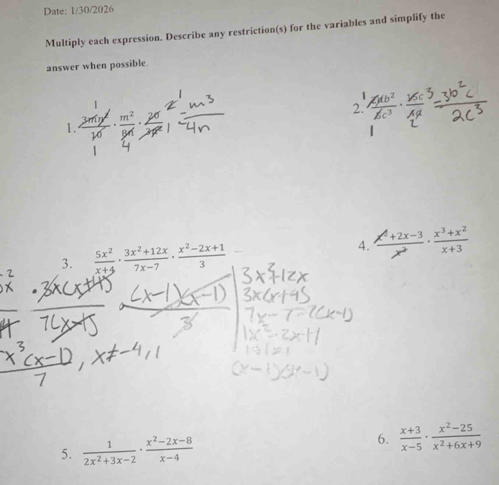 date: 1/30/2026 multiply each expression. describe any restriction(s) f…