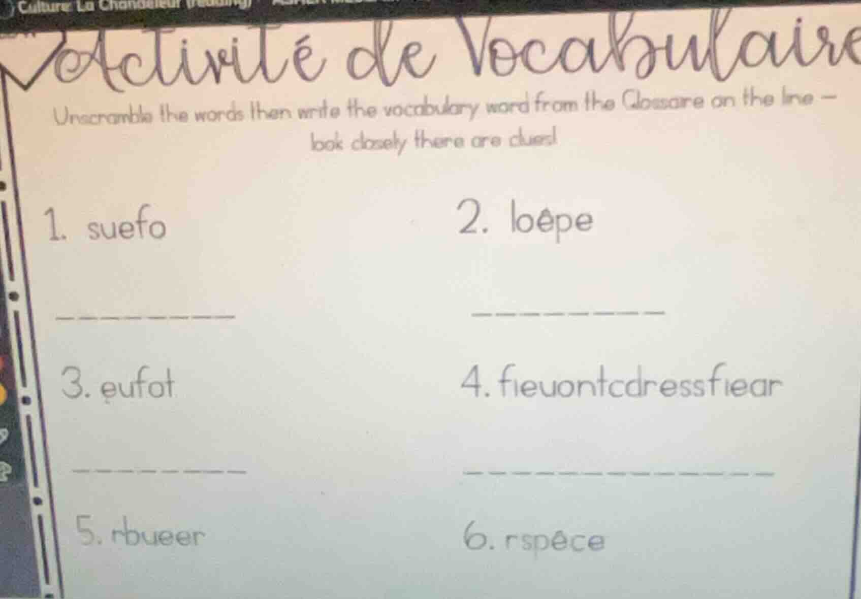 activité de vocabulaire unscramble the words then write the vocabulary …