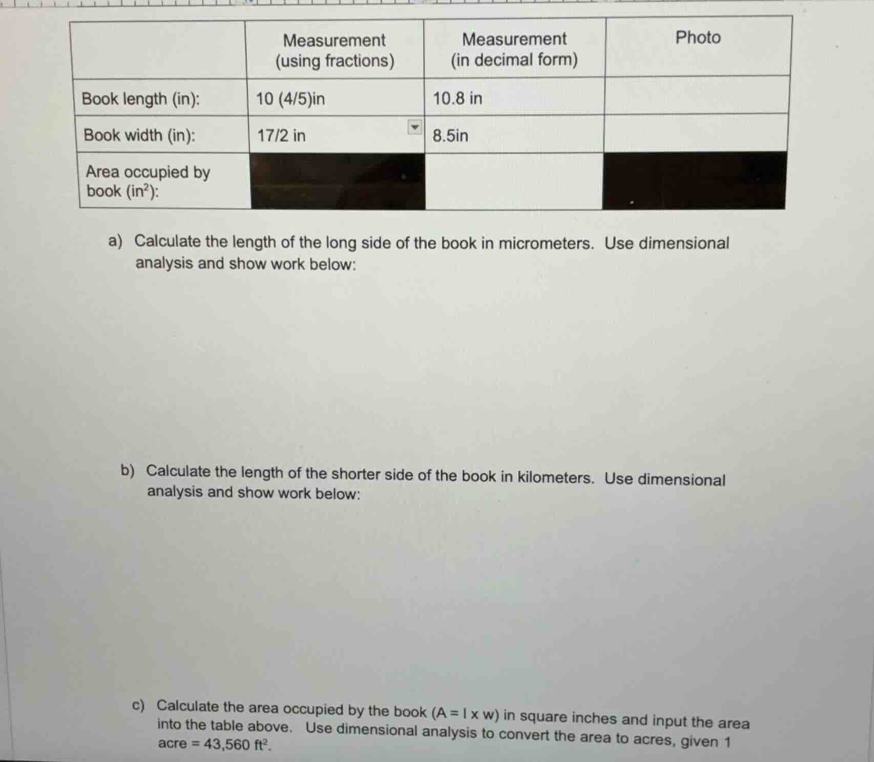 | | measurement (using fractions) | measurement (in decimal form) | pho…