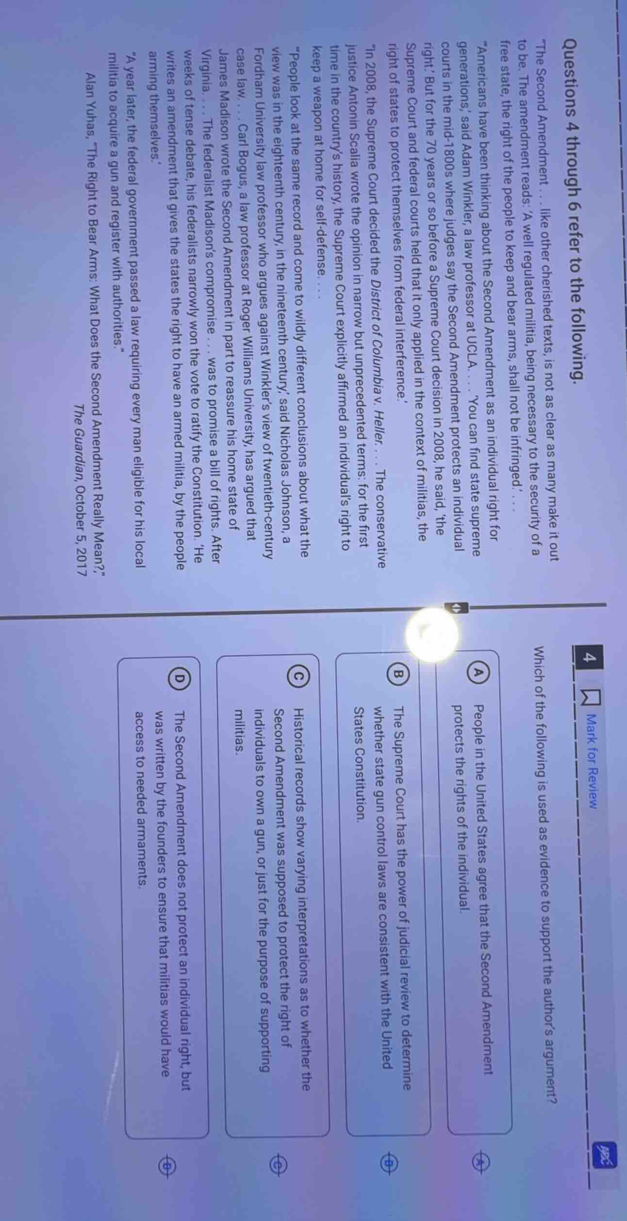 questions 4 through 6 refer to the following. the second amendment... l…