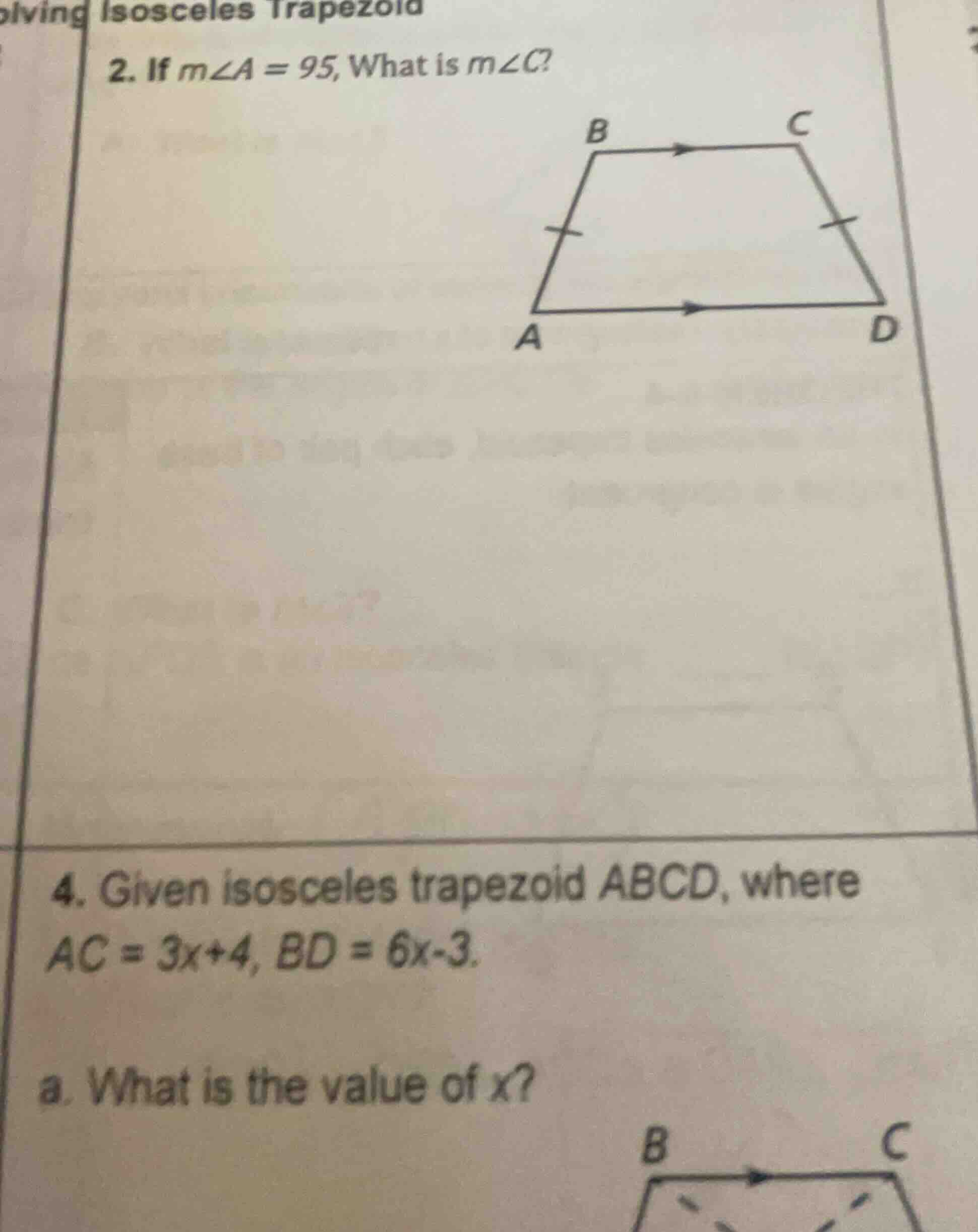 solving isosceles trapezoid 2. if ( mangle a = 95 ), what is ( mangle c…