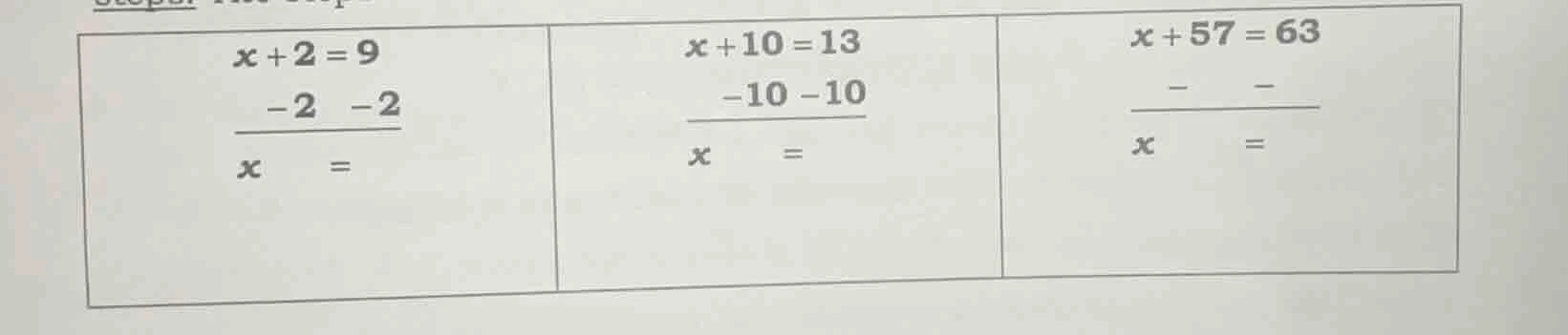 x + 2 = 9 -2 -2 x = x + 10 = 13 -10 -10 x = x + 57 = 63 - - x =