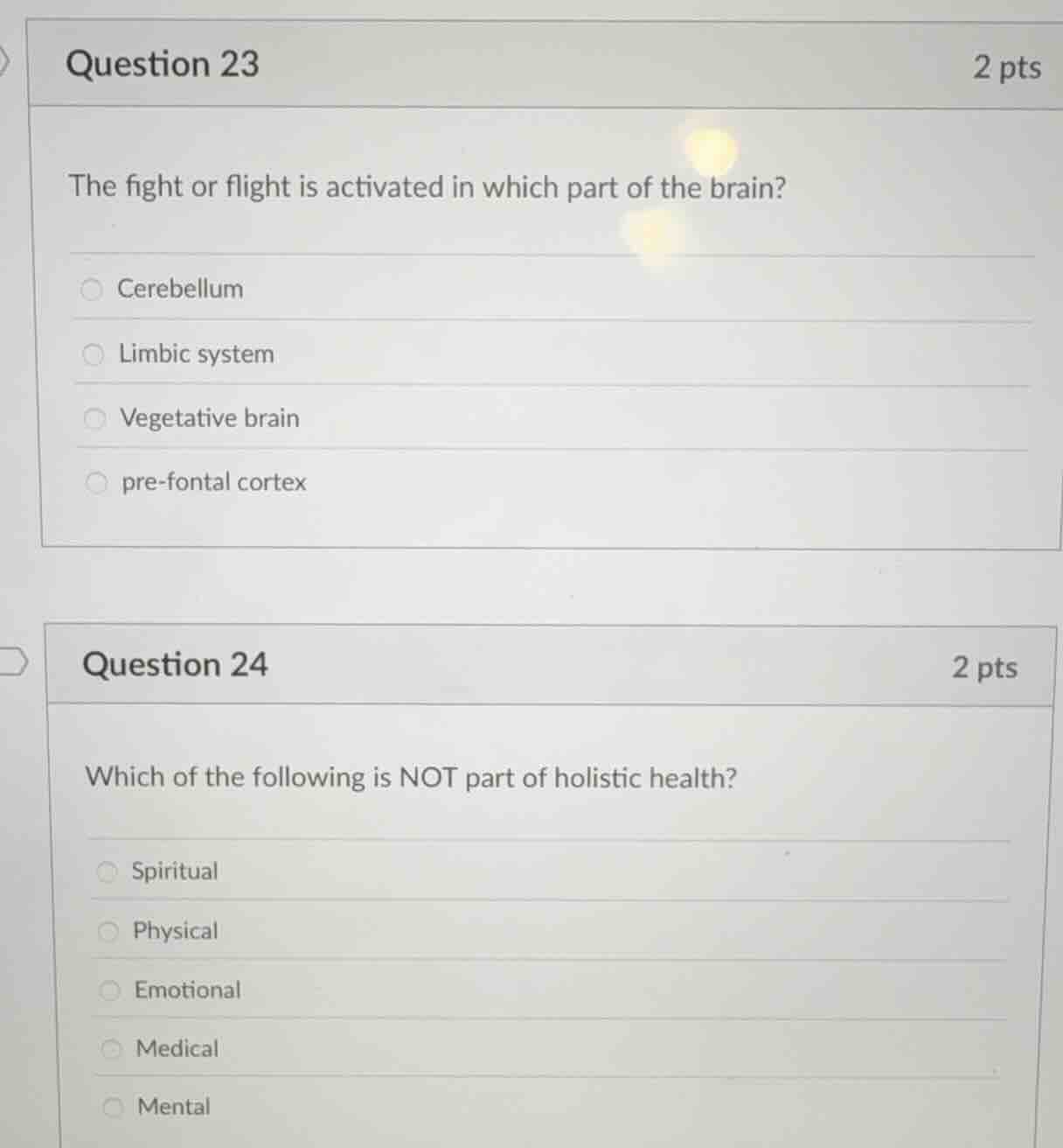 question 23 2 pts the fight or flight is activated in which part of the…