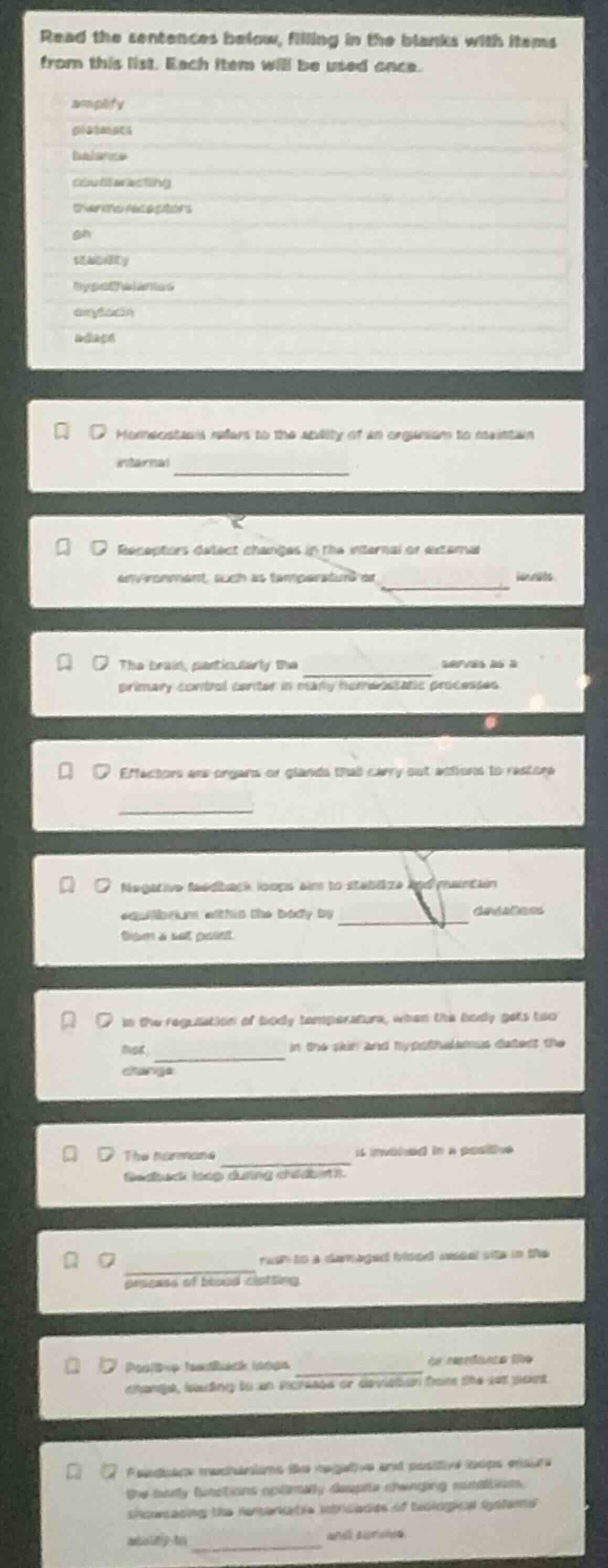 read the sentences below, filling in the blanks with items from this li…