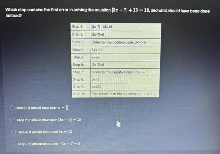 which step contains the first error in solving the equation |3x - 7| + …
