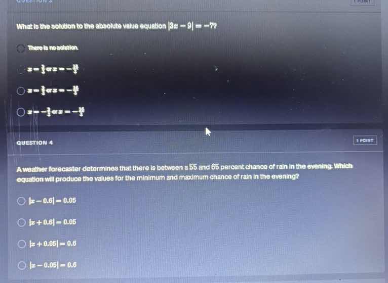 what is the solution to the absolute value equation |3x - 9| = -7? ther…