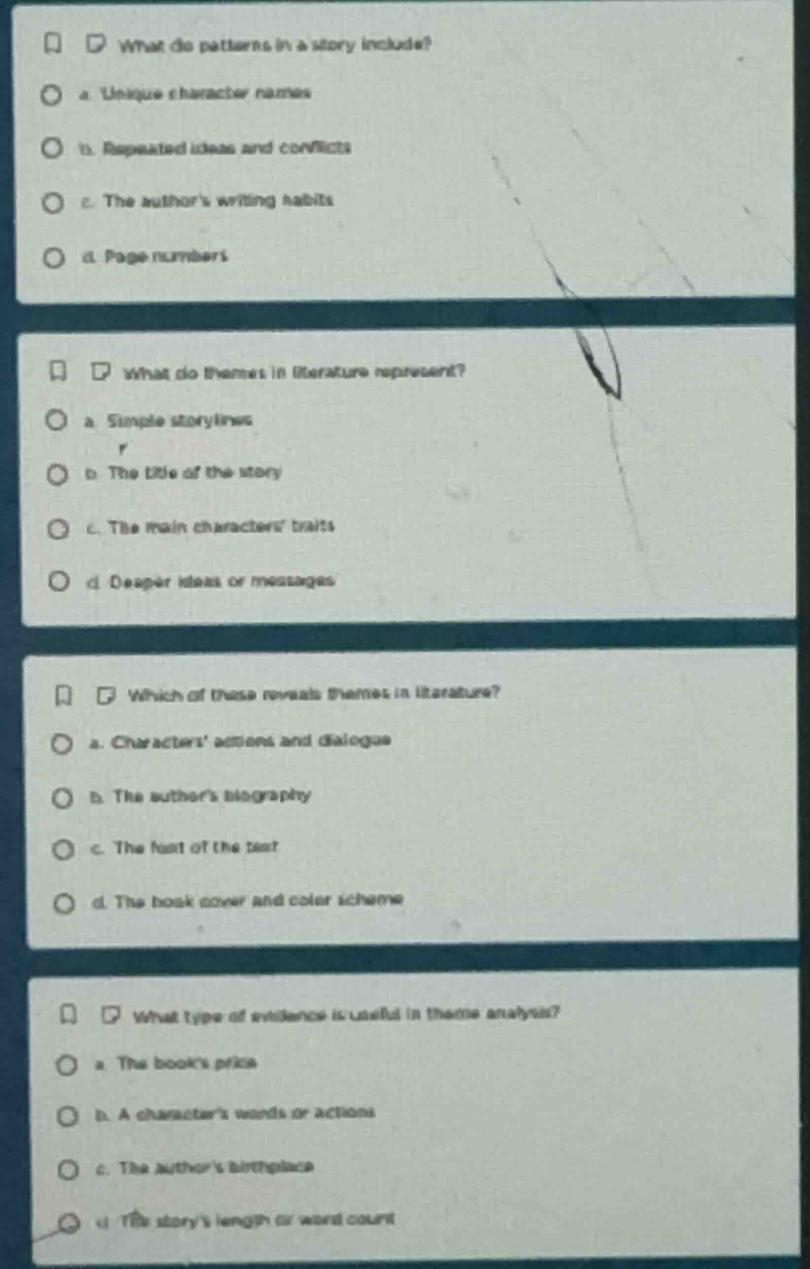 what do patterns in a story include? a. unique character names b. repea…