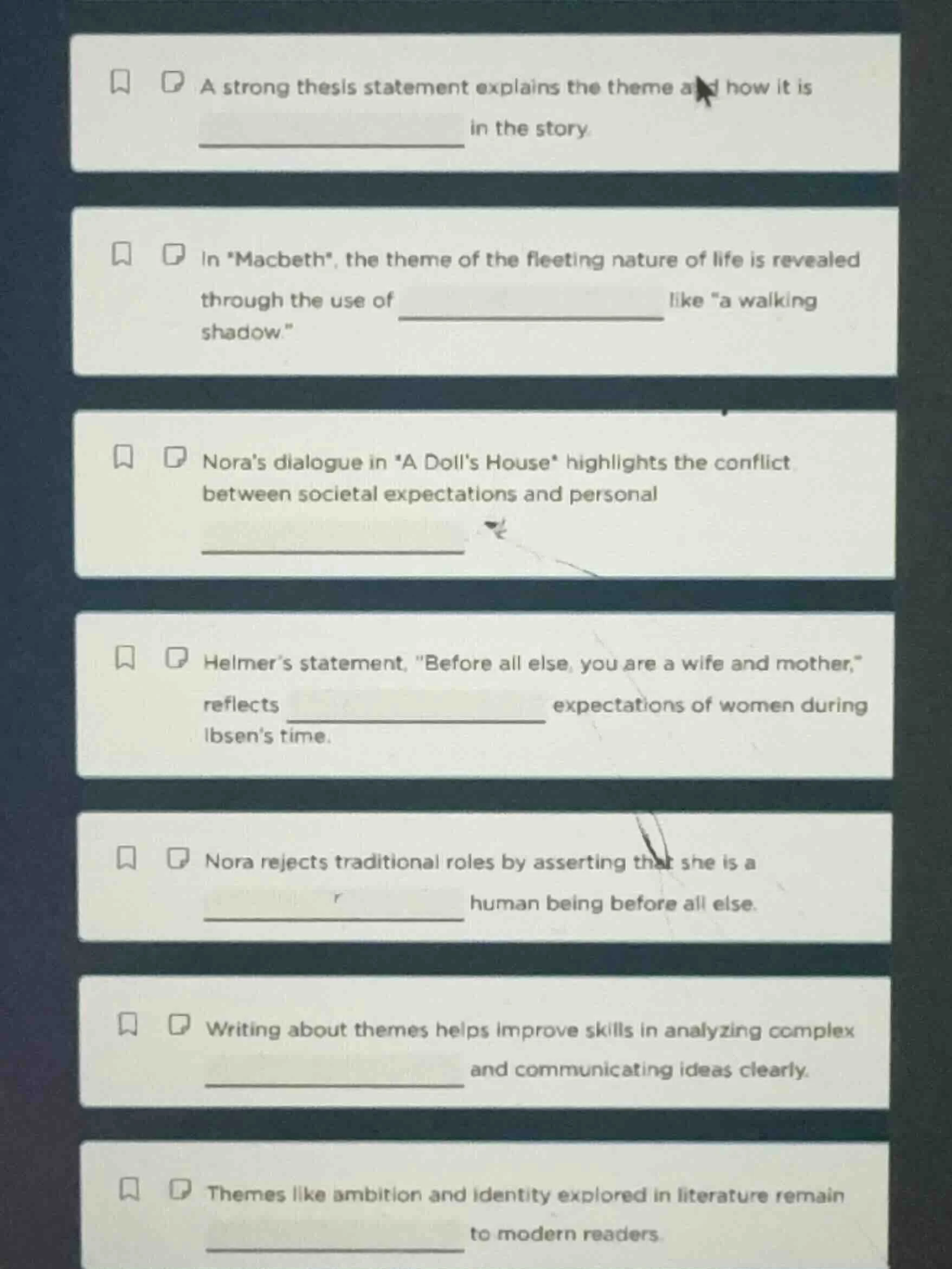 a strong thesis statement explains the theme and how it is __________ i…