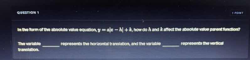 question 1 1 point in the form of the absolute value equation, ( y = a|…