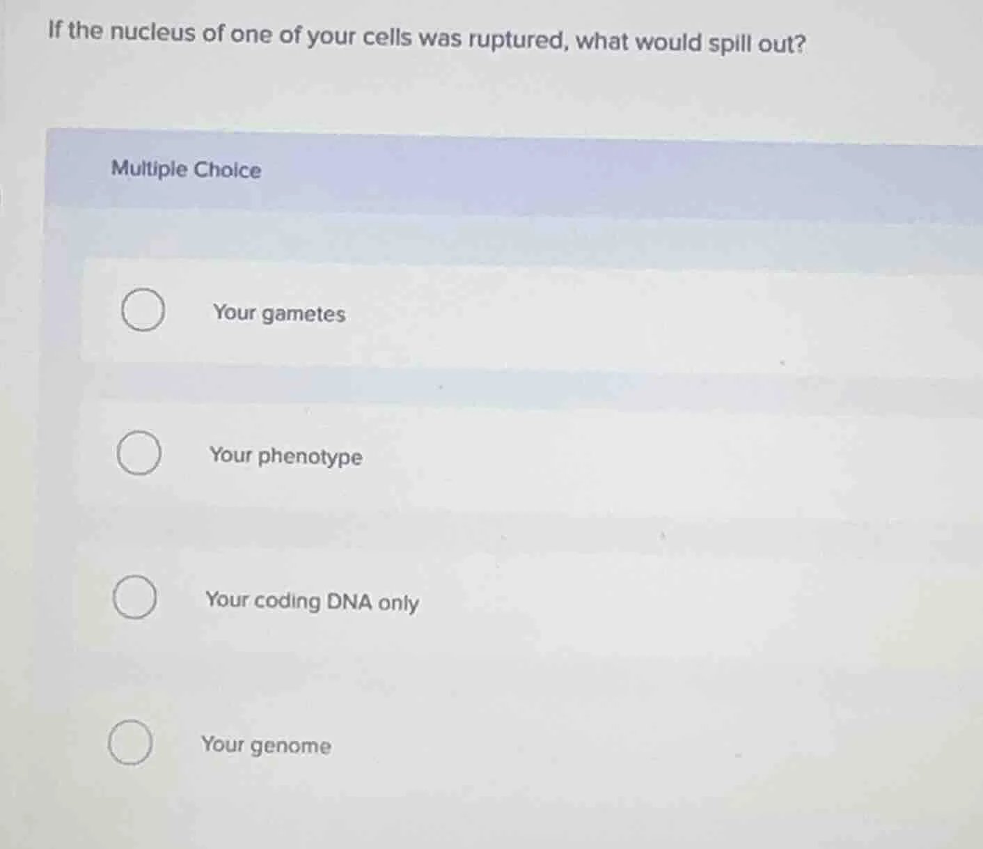 if the nucleus of one of your cells was ruptured, what would spill out?…