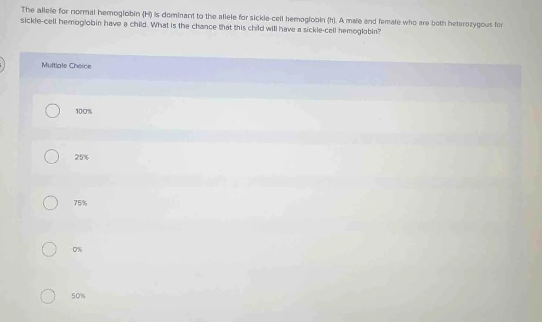 the allele for normal hemoglobin (h) is dominant to the allele for sick…