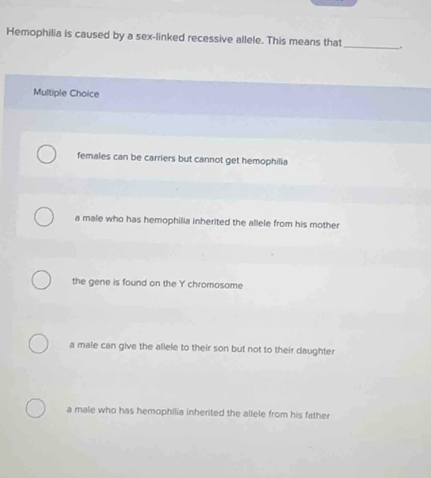 hemophilia is caused by a sex - linked recessive allele. this means tha…