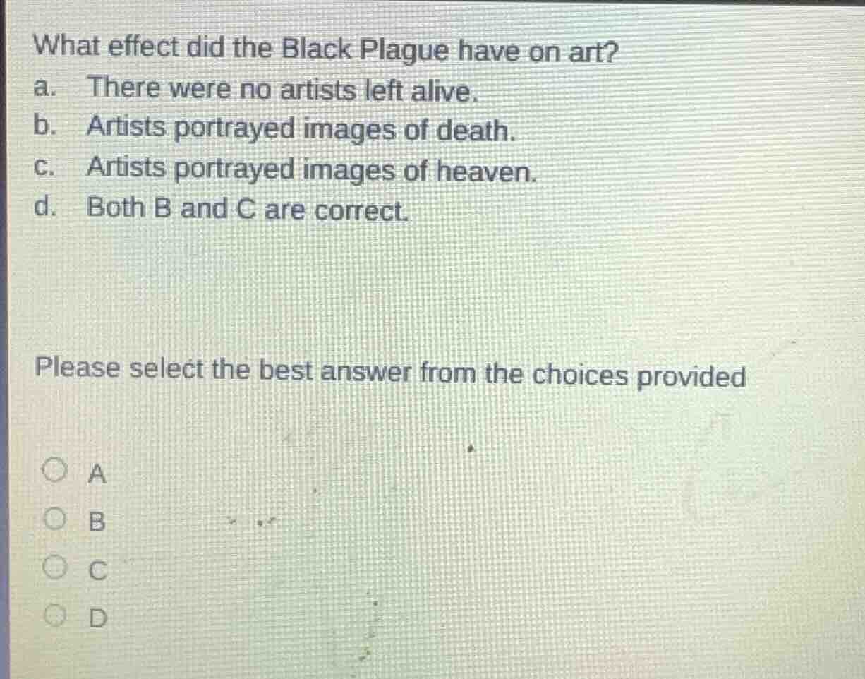 what effect did the black plague have on art? a. there were no artists …