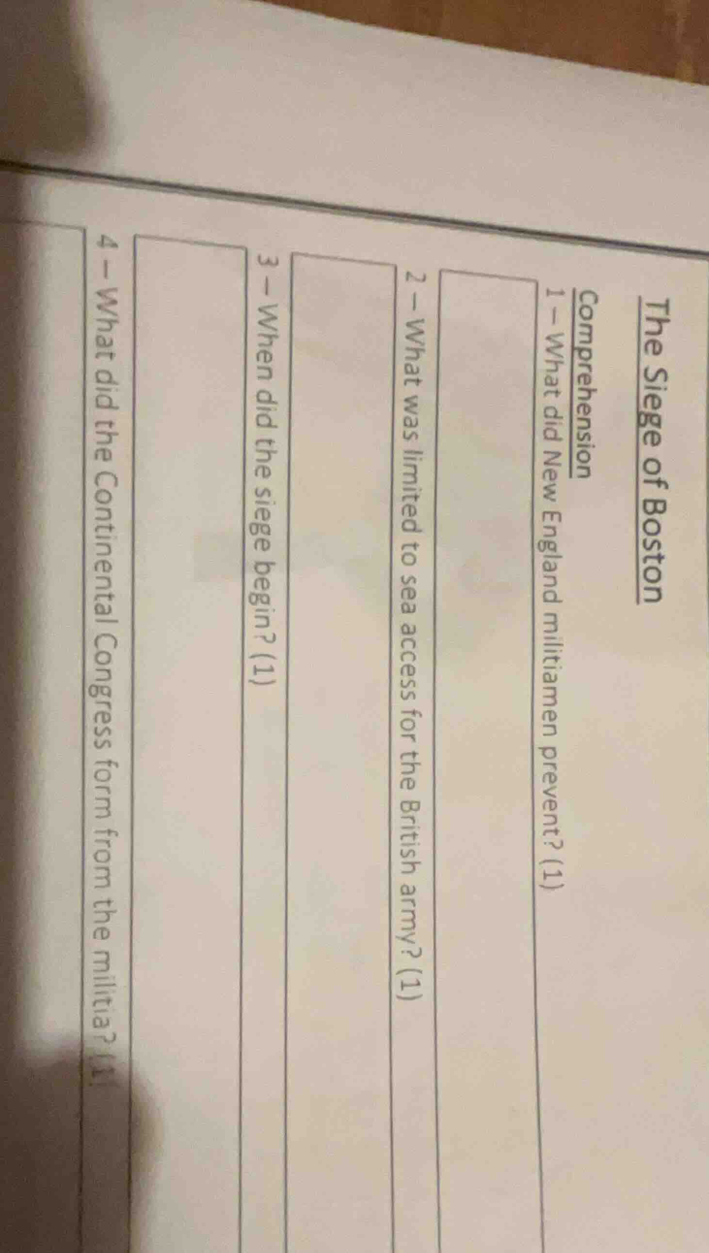 the siege of boston comprehension 1 - what did new england militiamen p…