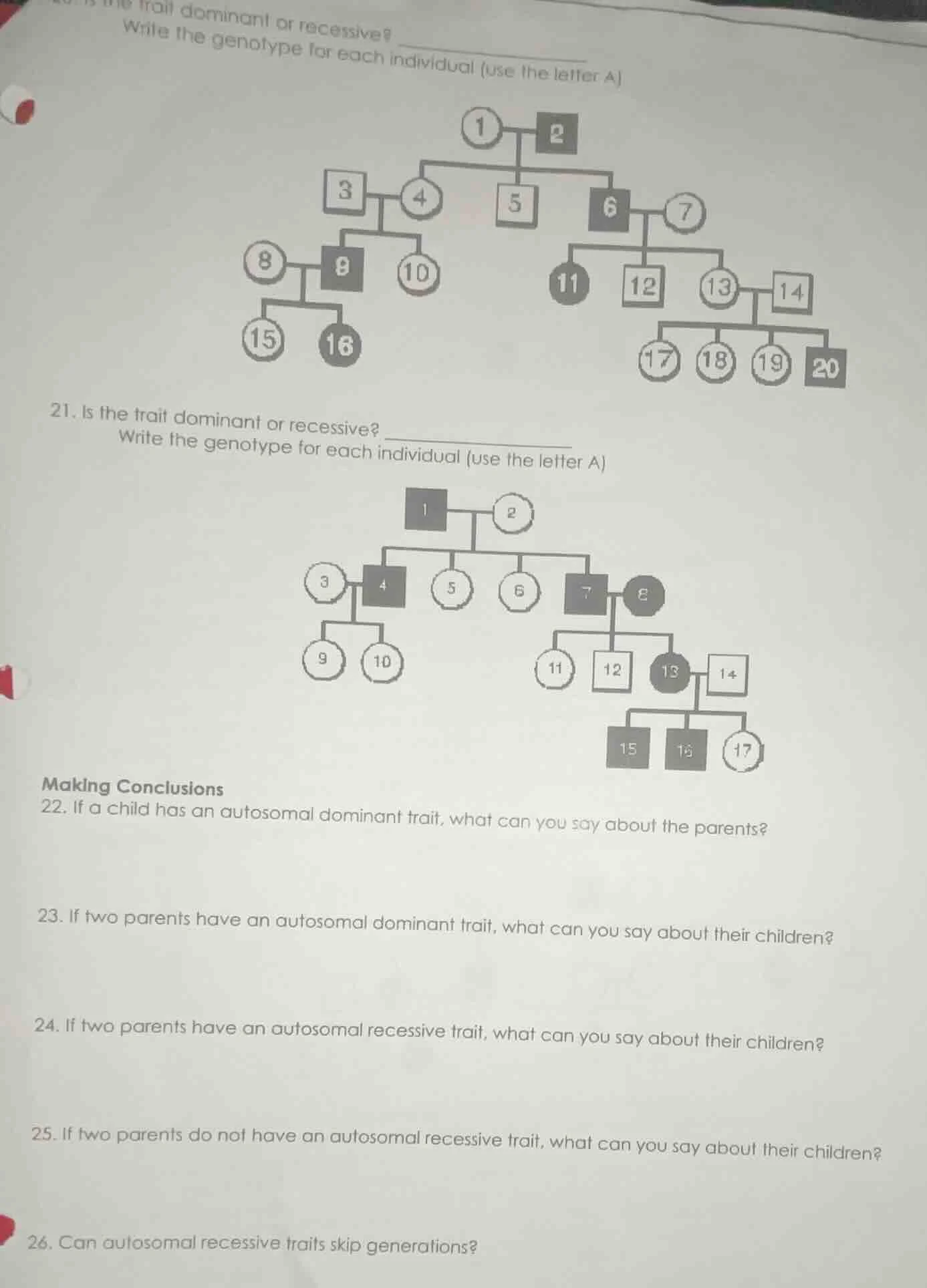trait dominant or recessive? write the genotype for each individual (us…