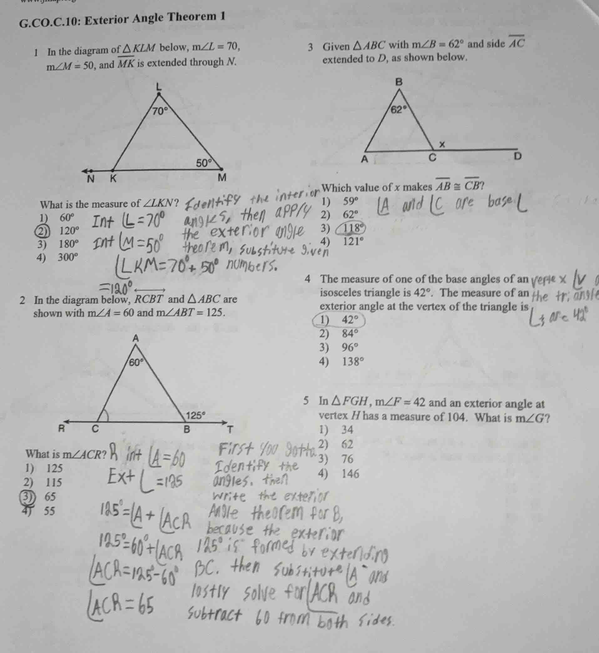 g.co.c.10: exterior angle theorem 1 1 in the diagram of $\\triangle klm…