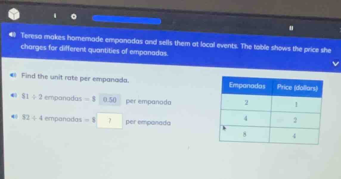 teresa makes homemade empanadas and sells them at local events. the tab…