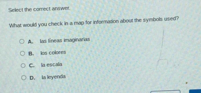 select the correct answer. what would you check in a map for informatio…
