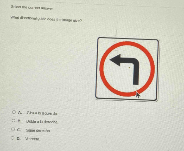 select the correct answer. what directional guide does the image give? …