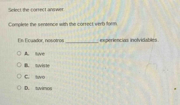 select the correct answer. complete the sentence with the correct verb …