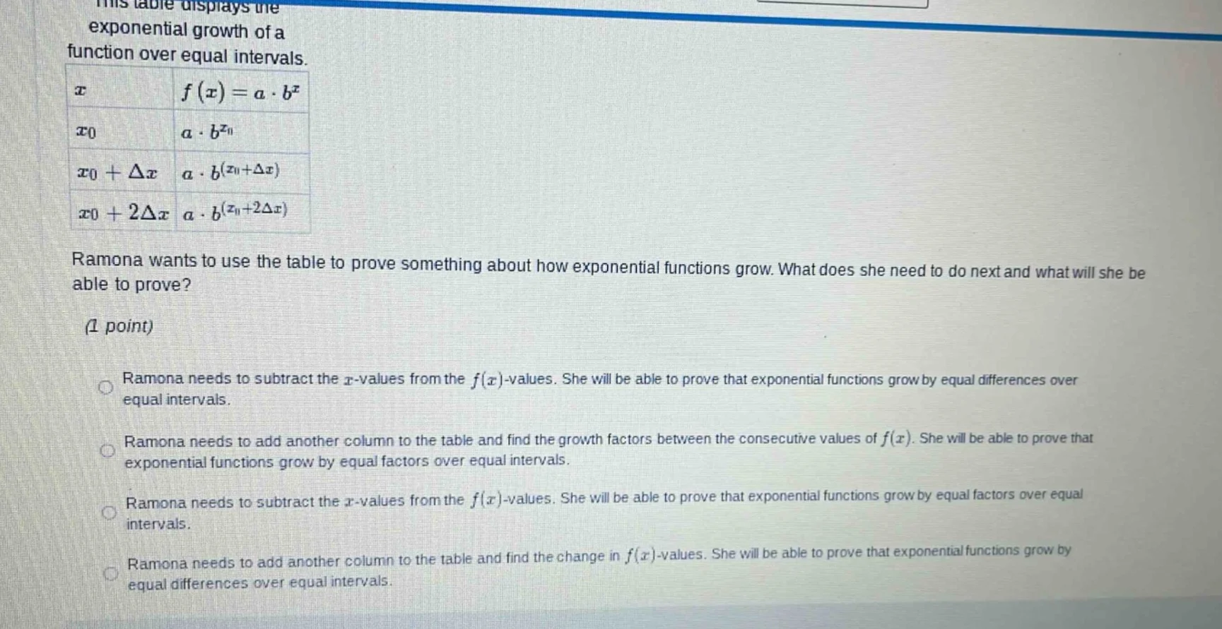 this table displays the exponential growth of a function over equal int…