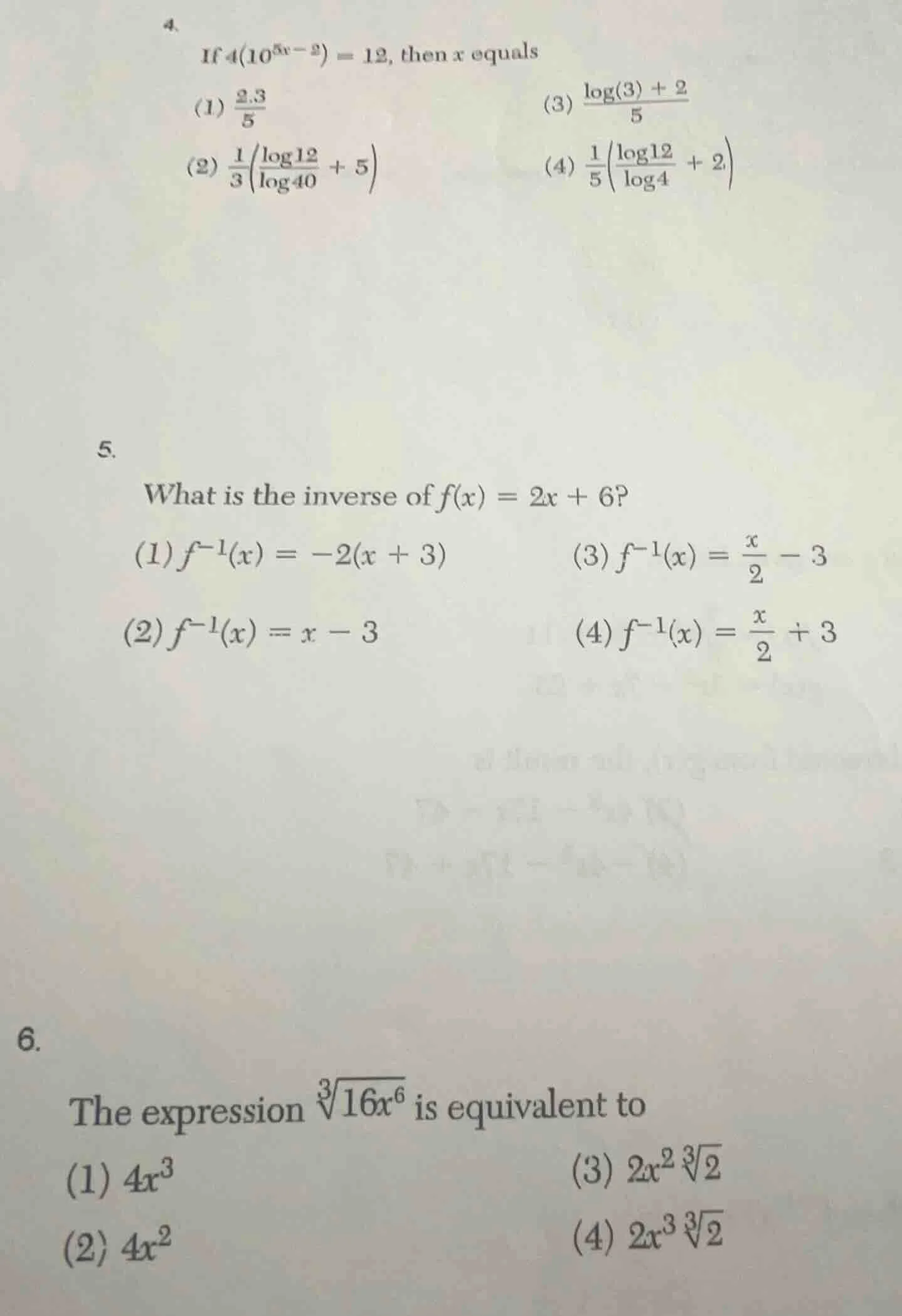 4. if $4(10^{5x - 2}) = 12$, then $x$ equals (1) $\\frac{2.3}{5}$ (3) $…