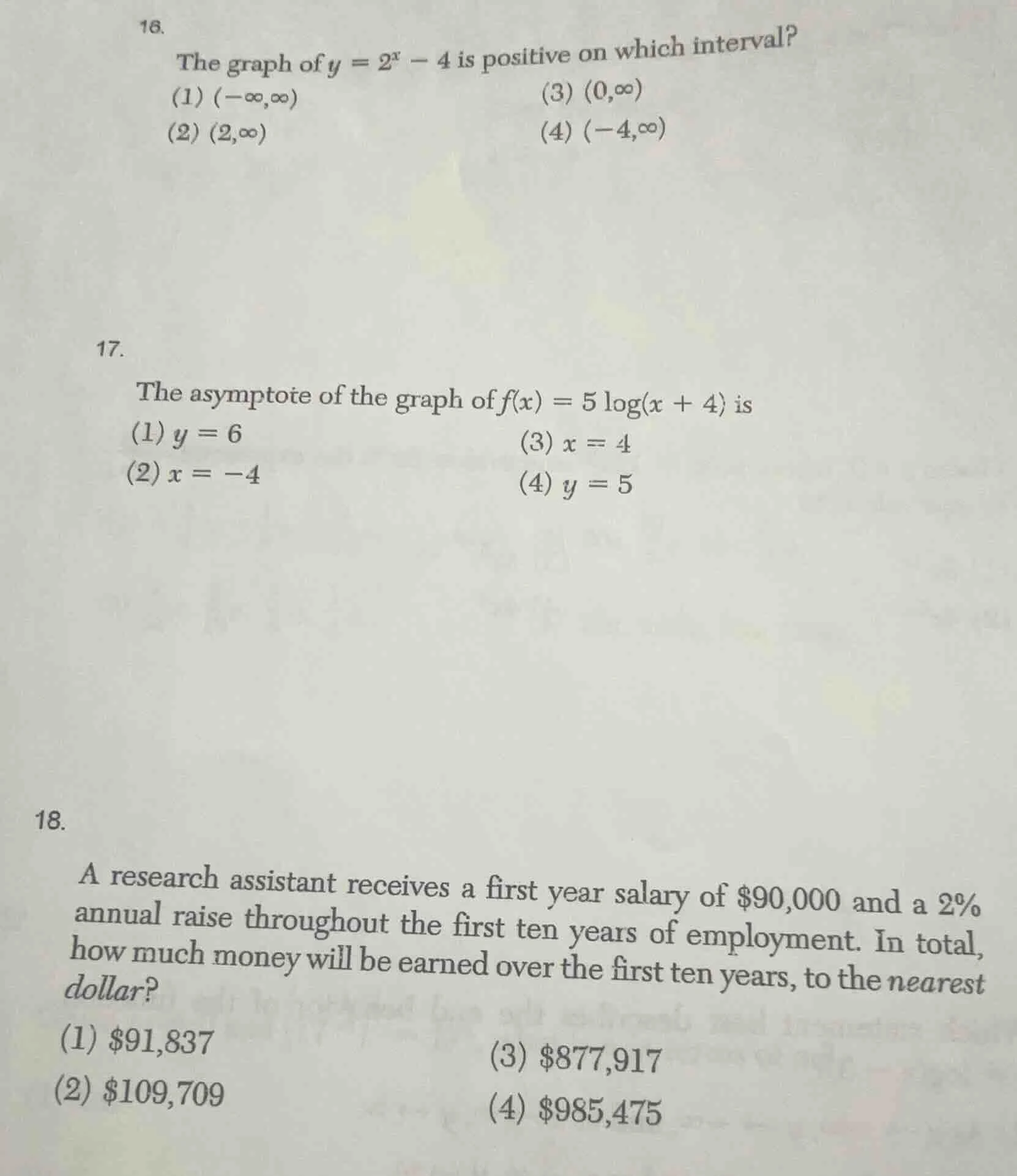 16. the graph of $y = 2^x - 4$ is positive on which interval? (1) $(-in…