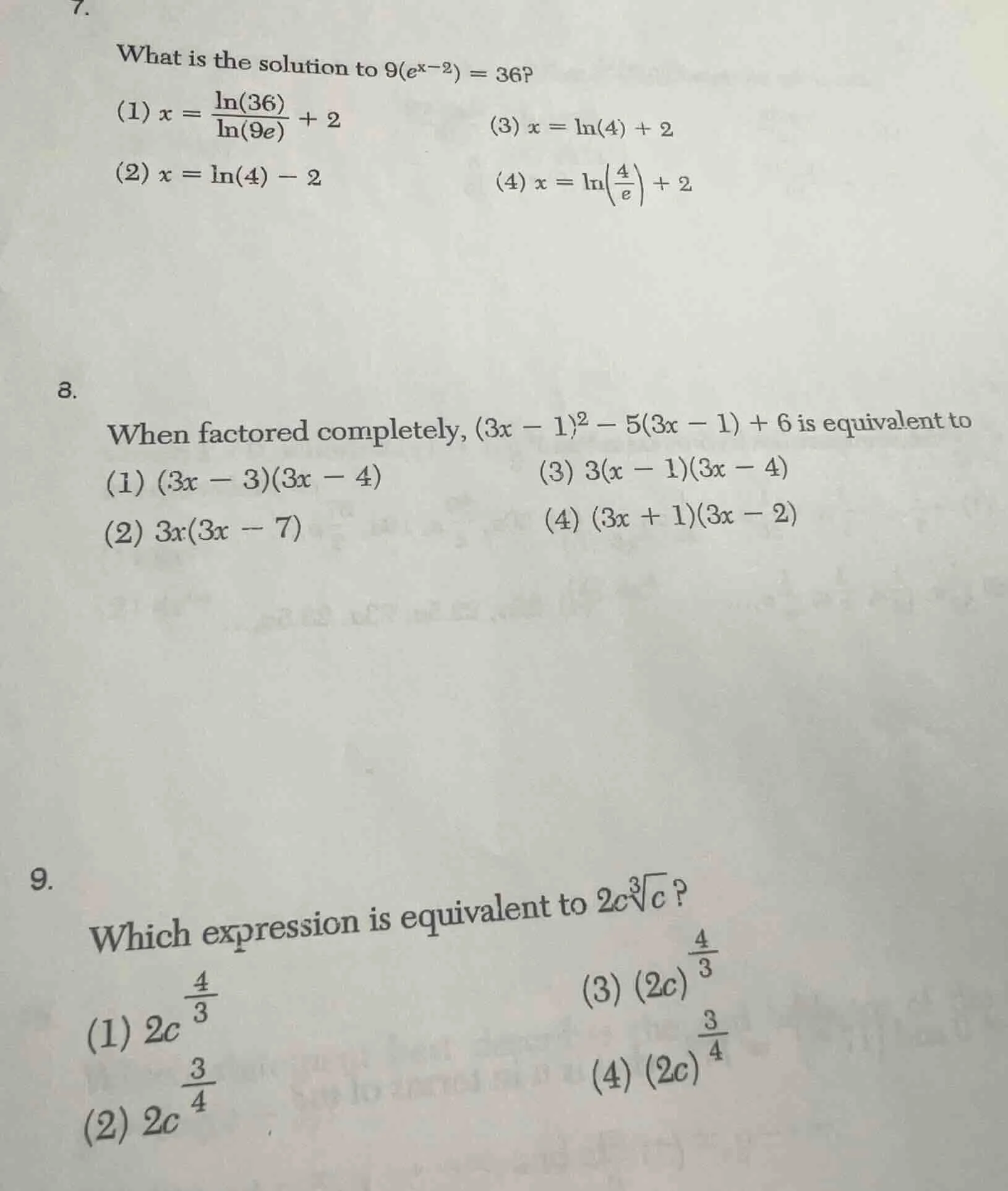 7. what is the solution to $9(e^{x - 2}) = 36$? (1) $x = \\frac{\\ln(36…
