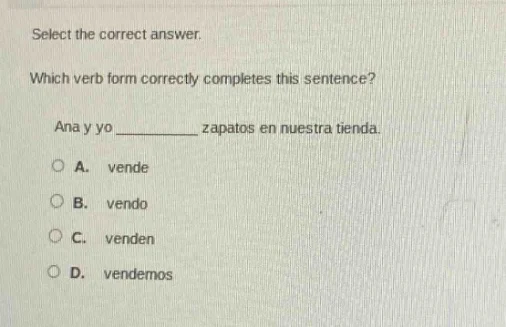 select the correct answer. which verb form correctly completes this sen…