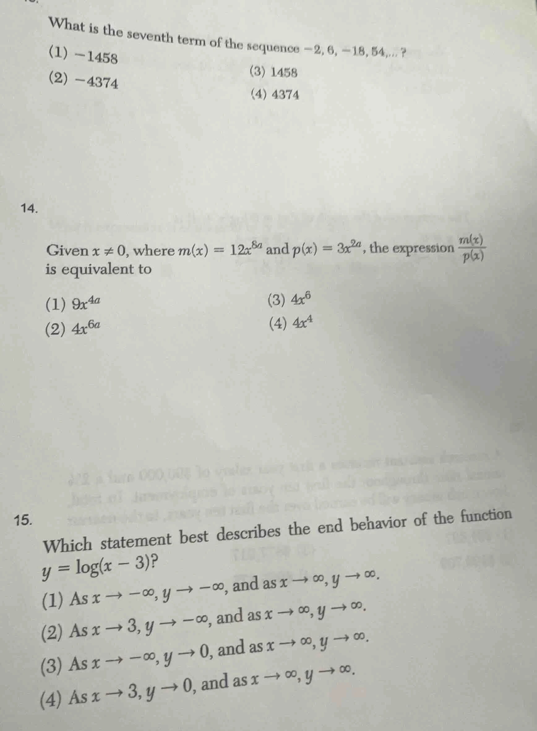 13. what is the seventh term of the sequence -2, 6, -18, 54,...? (1) -1…