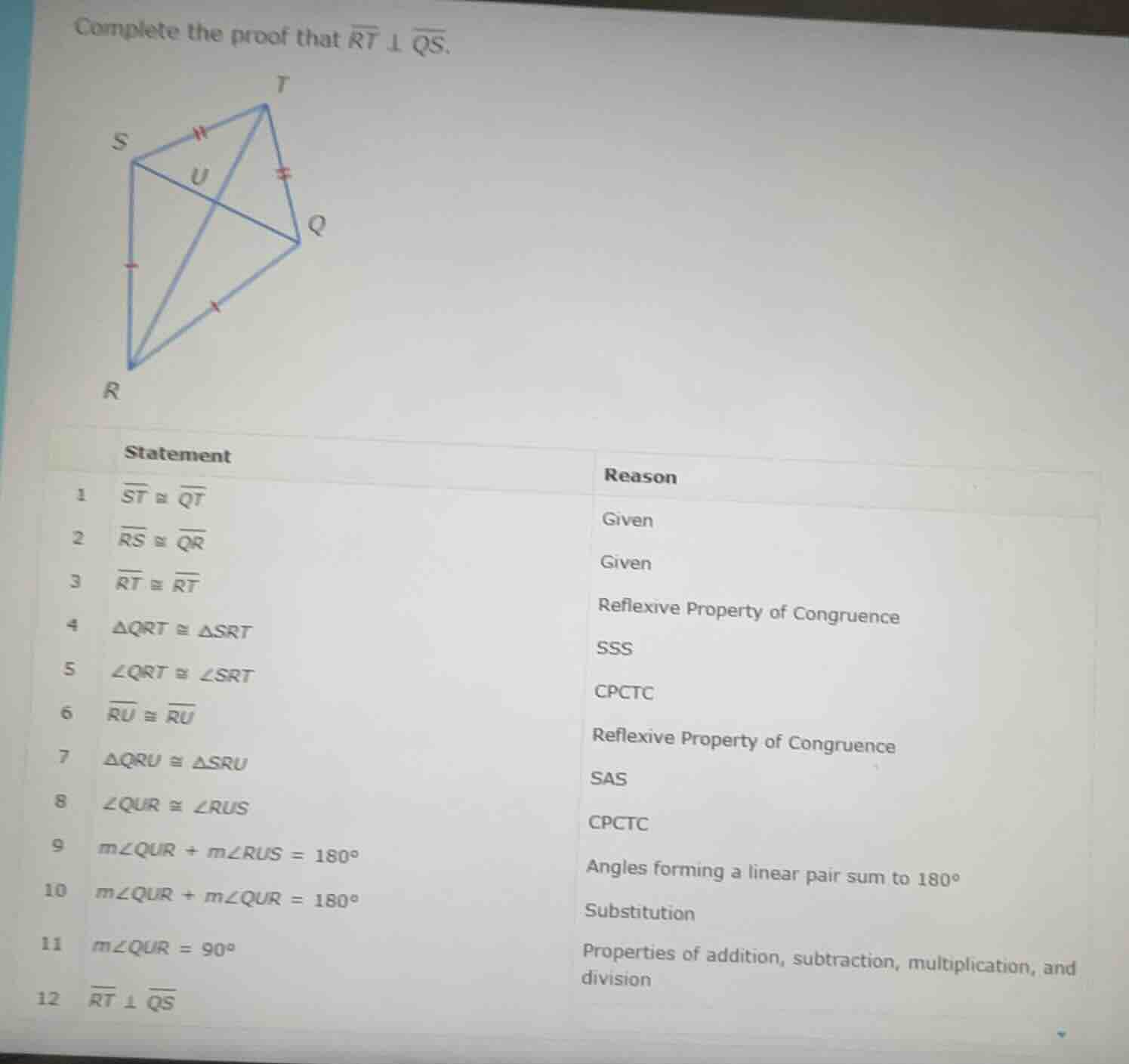 complete the proof that \\(overline{rt} \\perp overline{qs}\\). stateme…