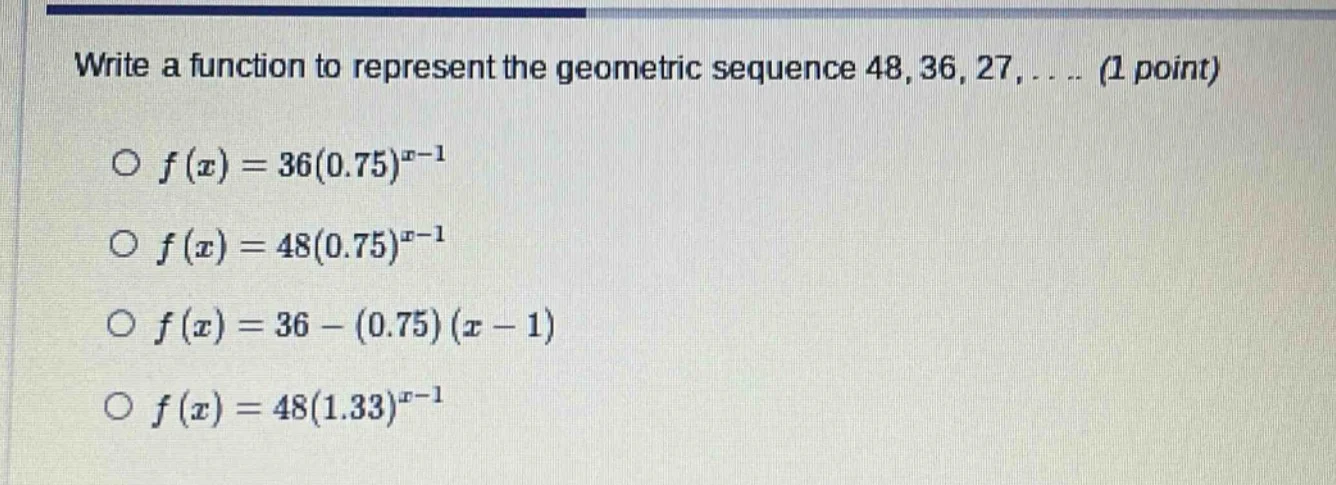 write a function to represent the geometric sequence 48, 36, 27, ... (1…