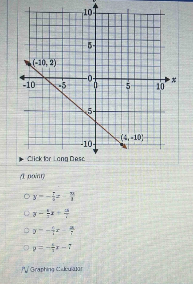 (1 point) \\(\\bigcirc\\) \\(y = -\\frac{7}{6}x - \\frac{23}{3}\\) \\(\…