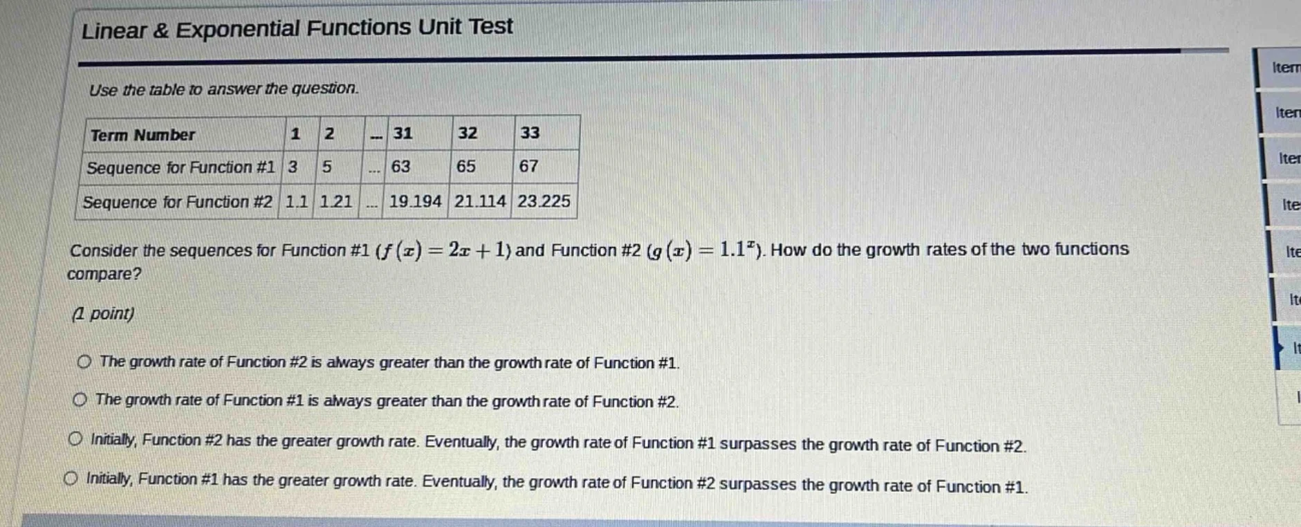 linear & exponential functions unit test use the table to answer the qu…