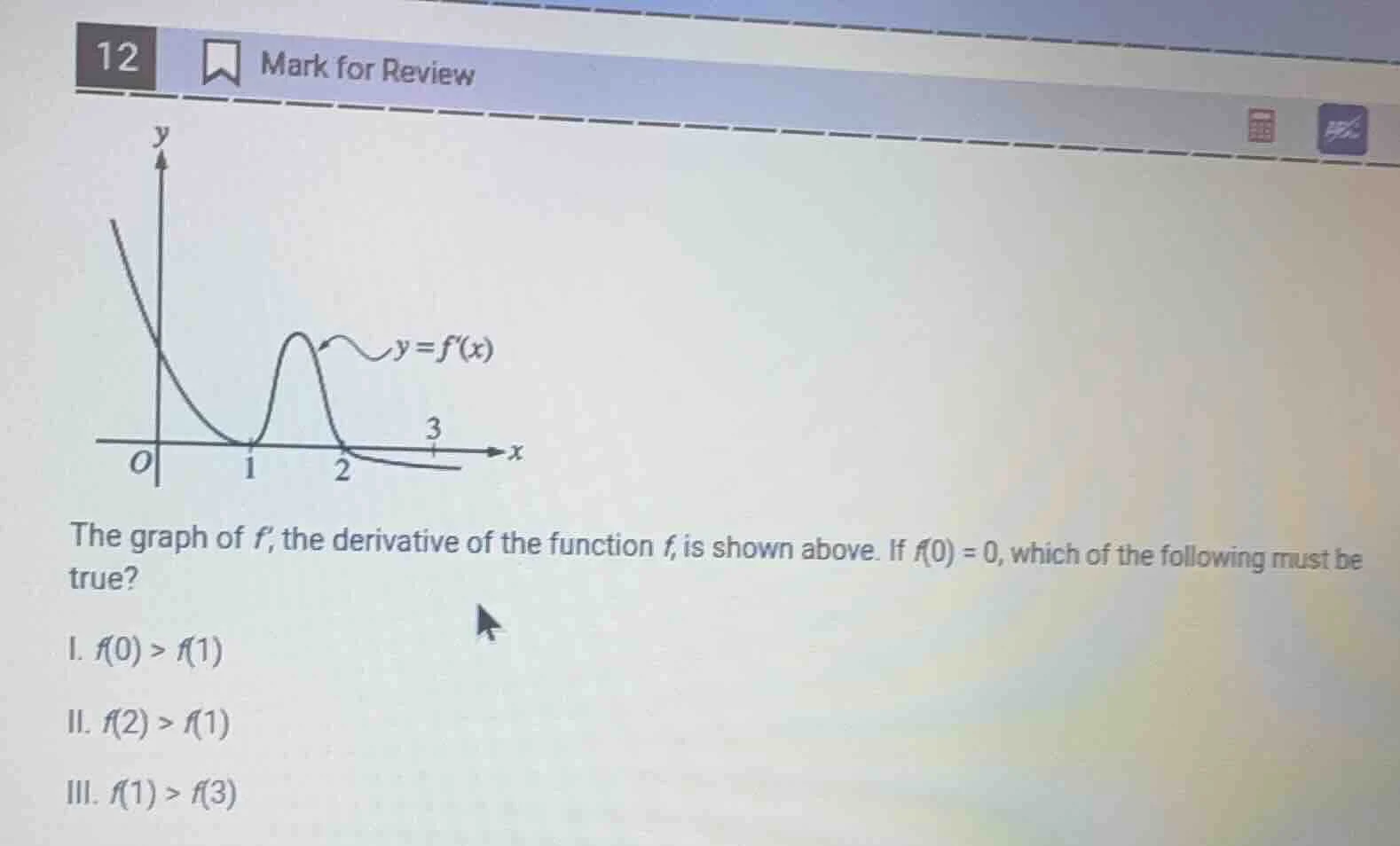 12 mark for review the graph of f, the derivative of the function f, is…
